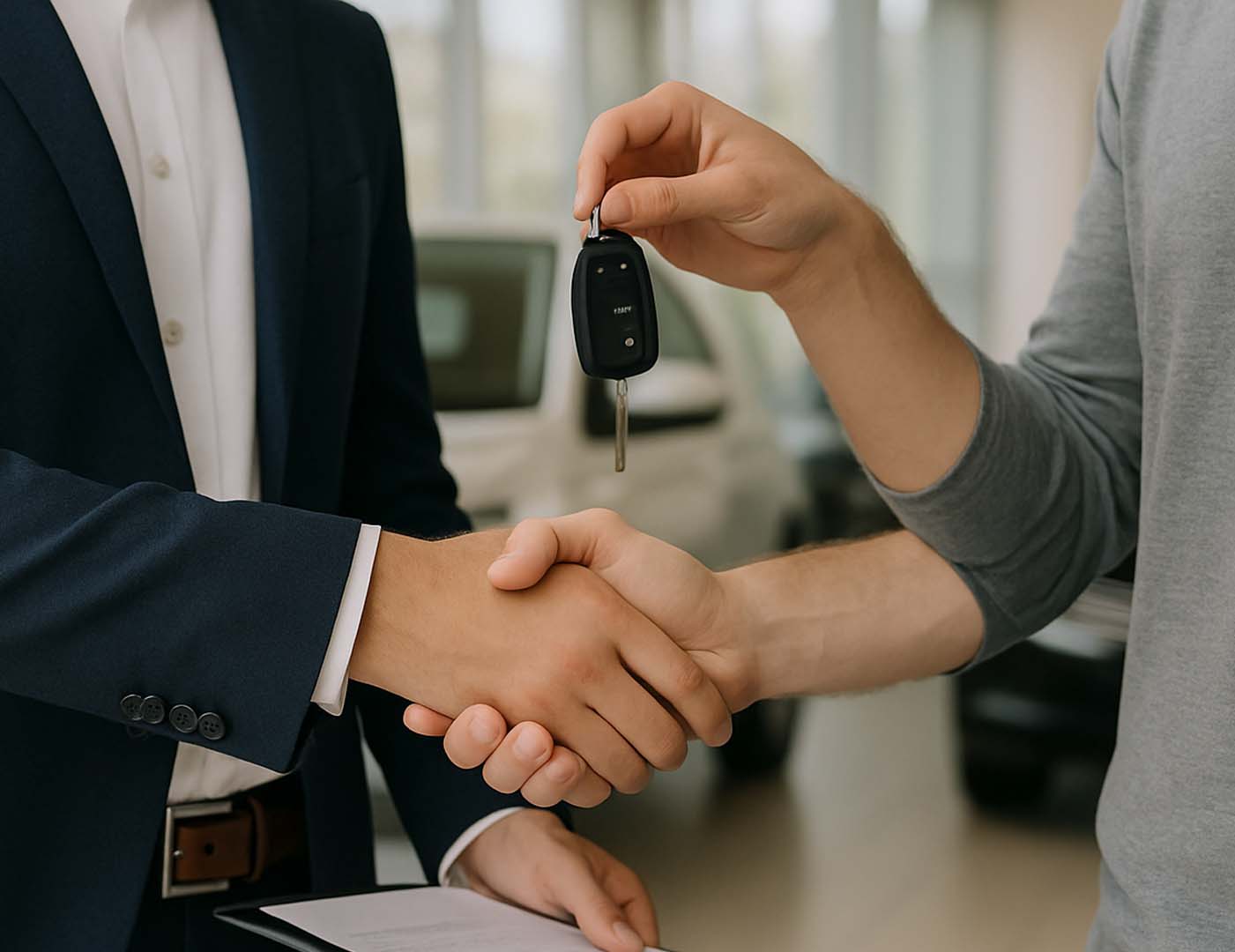 Bild von einem Handschlag mit gleichzeitiger Autoschlüssel-Übergabe, Thema Fahrzeugankauf