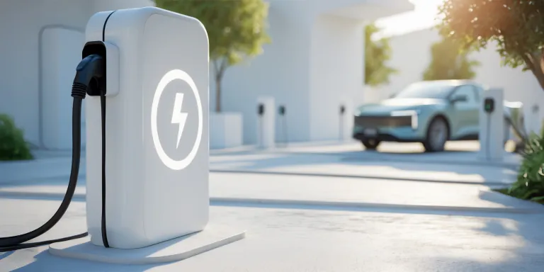 Futuristisches Bild mit Ladesäule und Elektrofahrzeug unscharf im Hintergrund